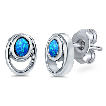 Stud Round Earrings Lab Created Blue Opal 925 Sterling Silver (8mm)